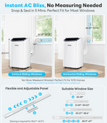 An infographic for a window AC vent kit showing two white window units with dimension callouts for vertical and horizontal sliding windows, plus a flexible adjustable panel and suitable window size reference.