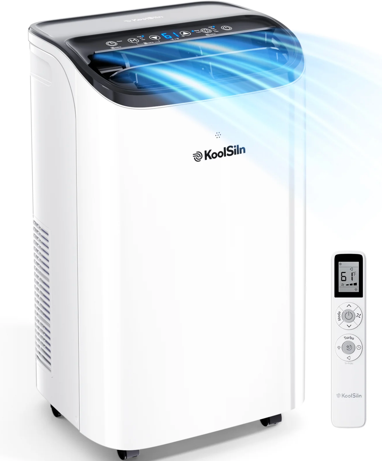 White KoolSilin portable air conditioner with a black top control panel, shown with blue airflow graphics and a matching white remote control on a clean white background.