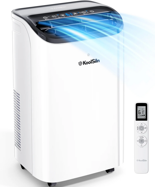 White KoolSilin portable air conditioner with a black top control panel, shown with blue airflow graphics and a matching white remote control on a clean white background.