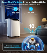 A KoolSilin portable AC unit shown in a bedroom setting with promotional text overlays about quiet night's sleep, sleep mode, 24-hour timer, and acoustic insulation technology.