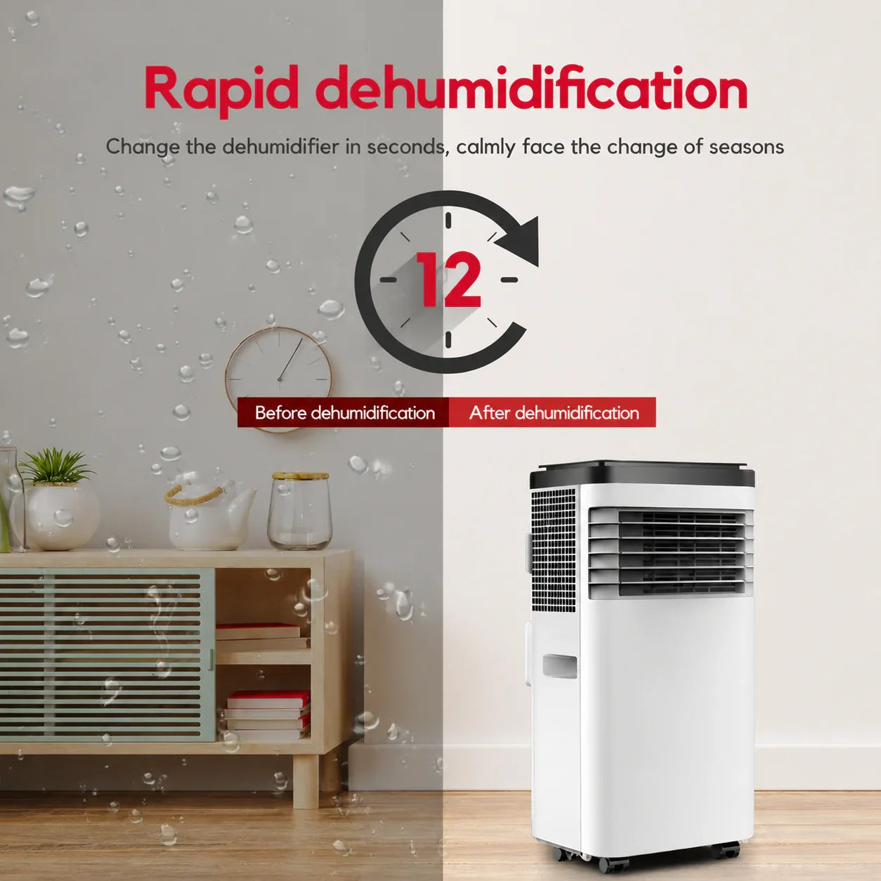 Portable dehumidifier with text on rapid dehumidification in a room setting.