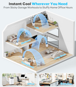 Promotional diagram showing a smart air conditioner placed on a ceiling in a two-story house, with blue airflow lines circulating in the loft, bedroom, dining room, and living room. Text reads 'Instant Cool Wherever You Need' and 'From Sticky Garage Workouts to Stuffy Home Office Hours.