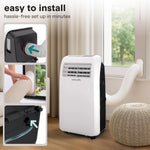 Portable air conditioner with installation steps shown on a window sill.