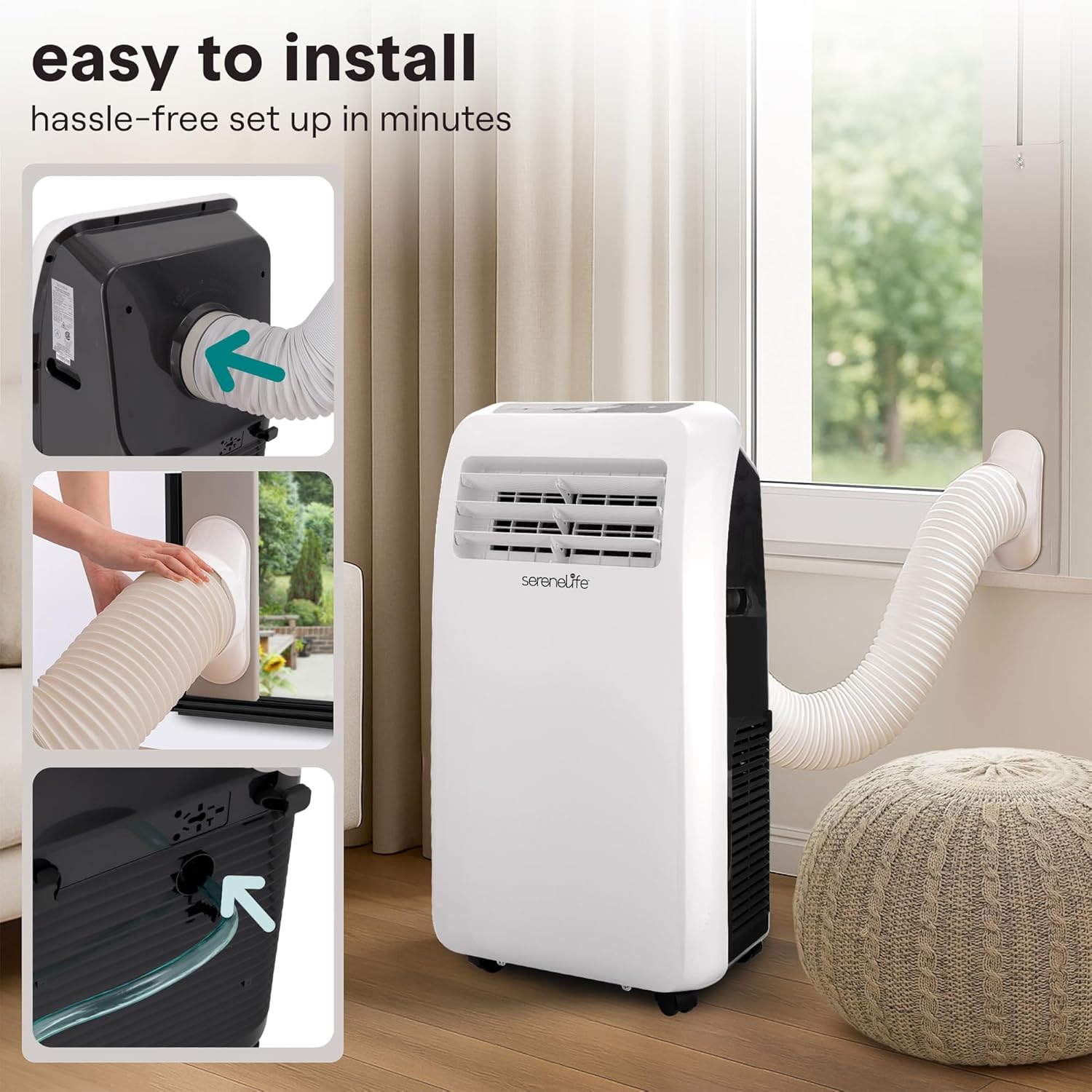 Portable air conditioner with installation steps shown on a window sill.