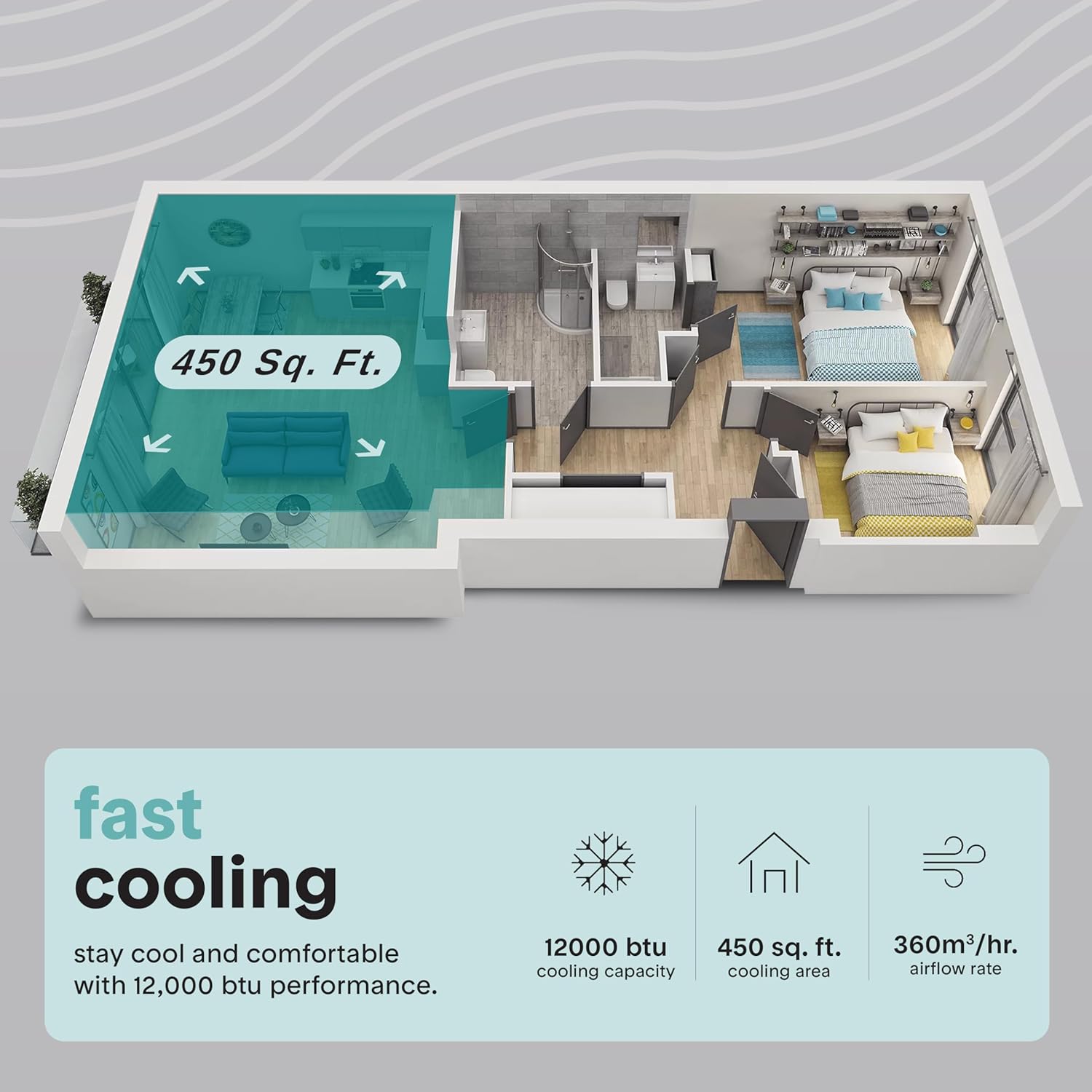 3D floor plan of a small apartment with room layout and specifications on a gray background