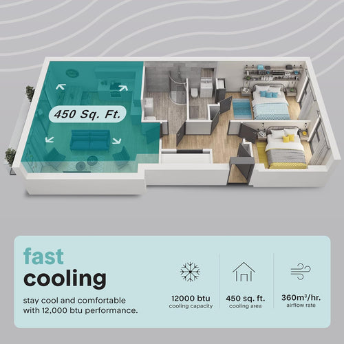 3D floor plan of a small apartment with room layout and specifications on a gray background