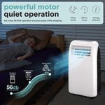 Portable air conditioner with features highlighted, shown in a bedroom setting.