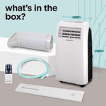 Portable air conditioner with accessories on a gray surface, showing dimensions.