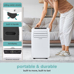 Portable air conditioner with features highlighted and a person using it in a living room.