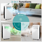 Portable air conditioner with 3-in-1 functions displayed in a living room setting.