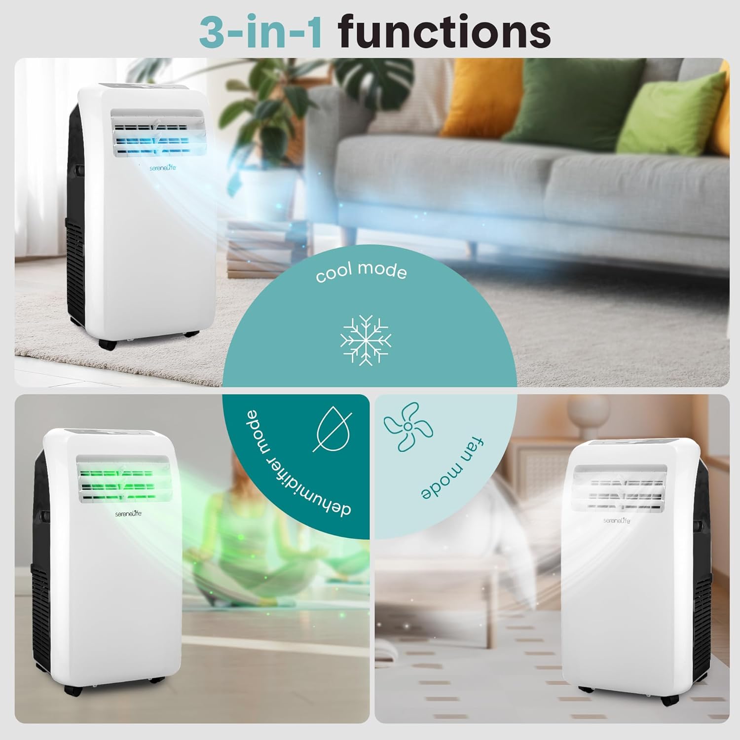 Portable air conditioner with 3-in-1 functions displayed in a living room setting.