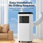 Portable air conditioner with text 'Easy Installation, No Drilling Required' in a living room setting.