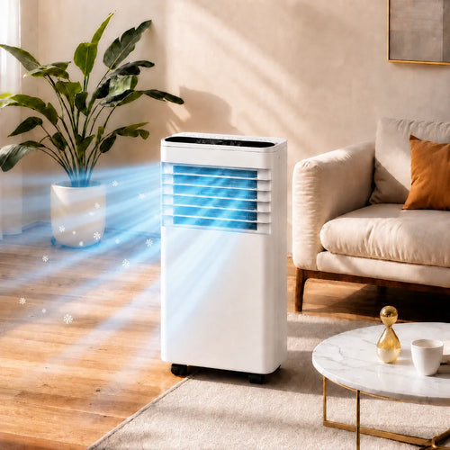 Portable air conditioner in a living room with a plant and sofa.