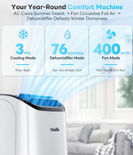 A white and black KoolSin humidifier and fan unit shown in a bright living room setting, with promotional text and feature callouts above it.