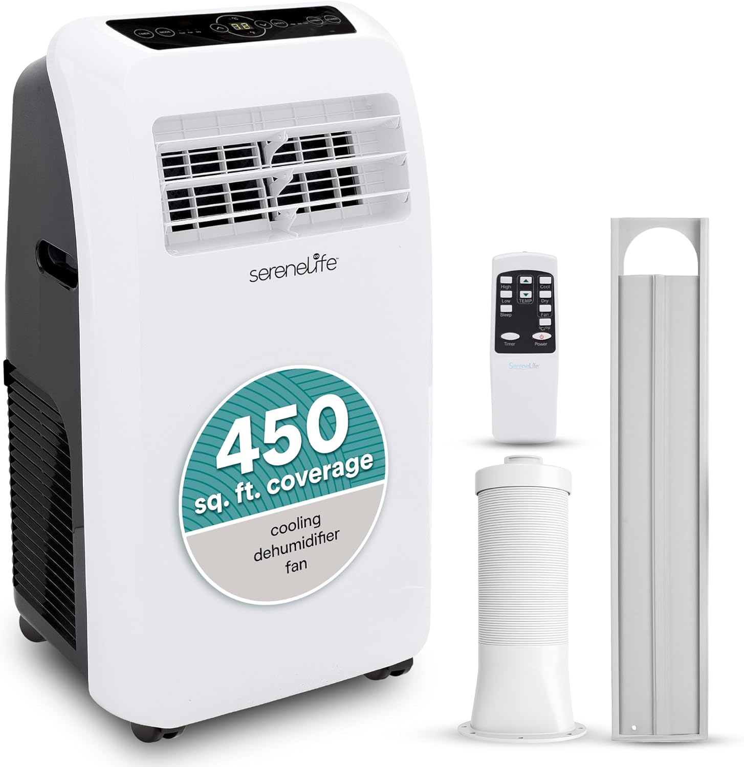 Serenelife portable air conditioner with remote control and filter on a white background