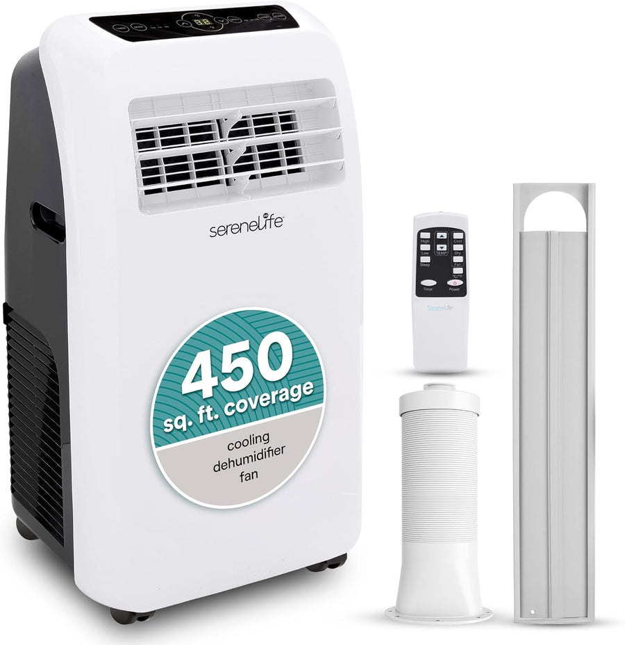 Serenelife portable air conditioner with remote control and filter on a white background