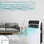 Portable air conditioner with cooling ability features displayed in a living room setting.