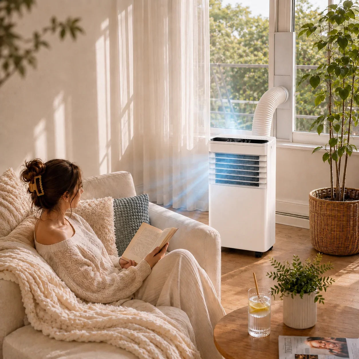 Woman reading a book on a couch with an air conditioner in the background
