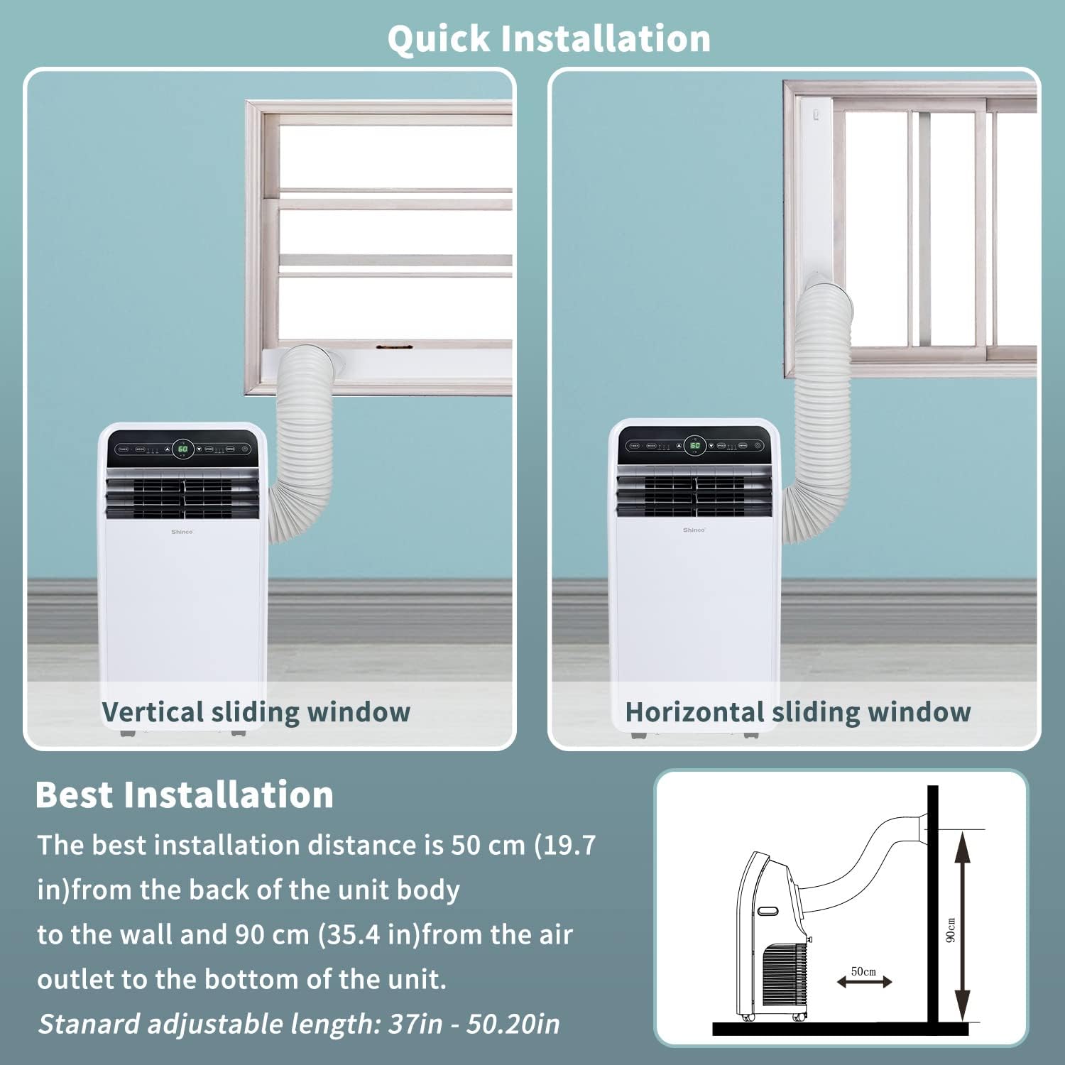Illustration of a portable air conditioner with installation instructions for vertical and horizontal sliding windows.
