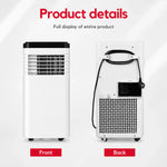 Product details graphic showing a portable air conditioner/cooling unit from the front and back on a light gray background, with red text labels 'Product details', 'Front', and 'Back'.