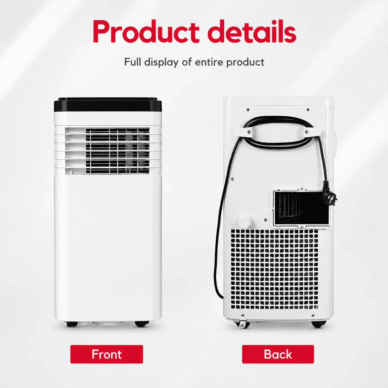 Product details graphic showing a portable air conditioner/cooling unit from the front and back on a light gray background, with red text labels 'Product details', 'Front', and 'Back'.