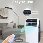Portable air conditioner with remote control in a living room setting, emphasizing ease of use.