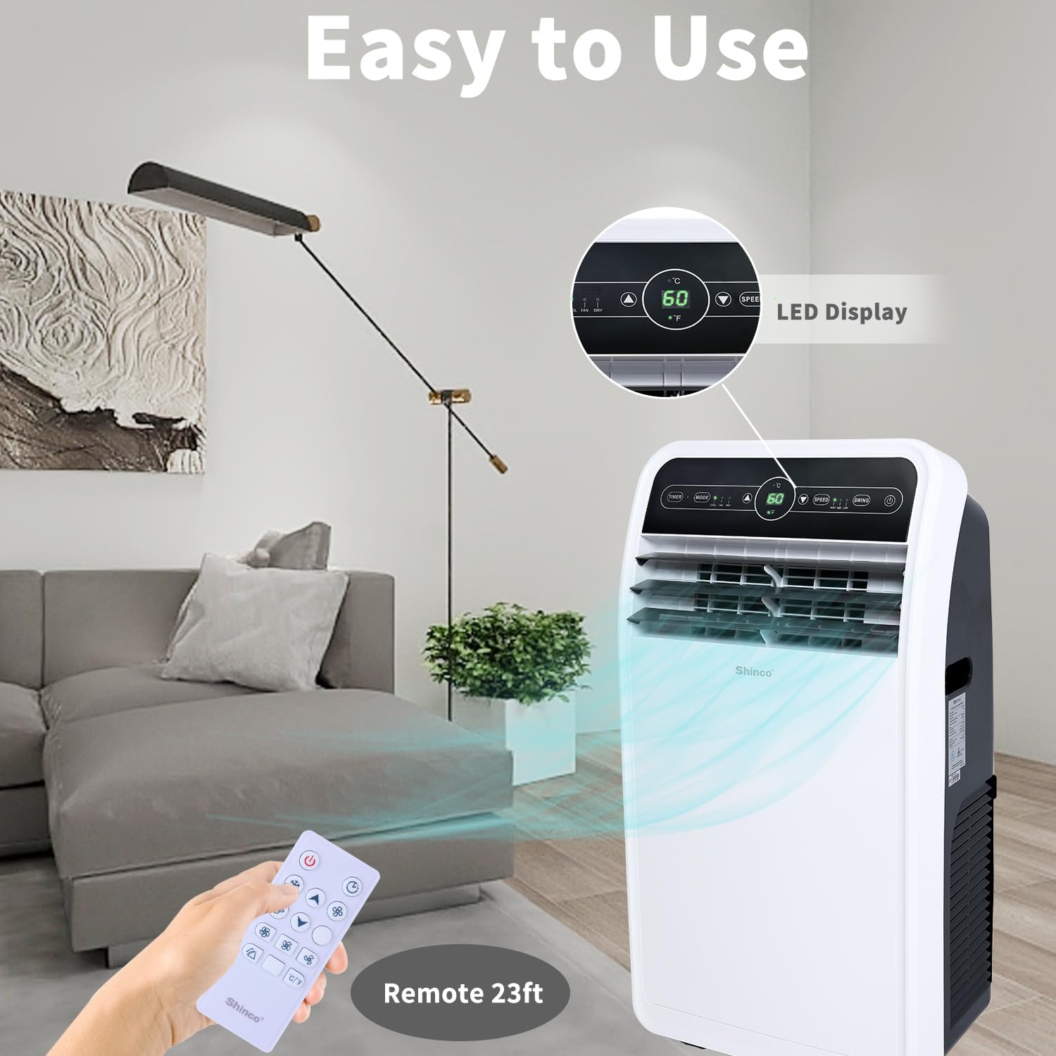 Portable air conditioner with remote control in a living room setting, emphasizing ease of use.