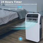 Portable air conditioner in a bedroom with 24-hour timer and noise level indicators.
