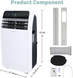 Portable air conditioner with dimensions and accessories on a white background