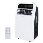 Shinco portable air conditioner with a white front panel, black side panel, digital control display, and a matching white remote control on a plain white background.